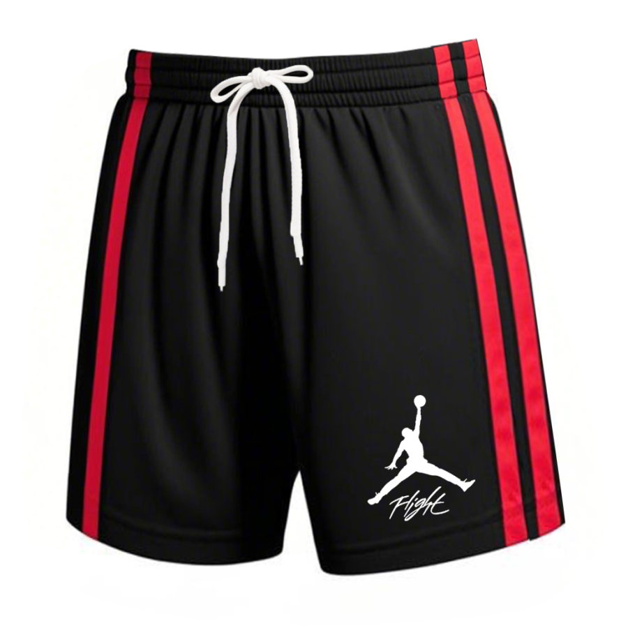 

Men's Basketball Print Black And Red Stripe Sports Elastic Drawstring Shorts