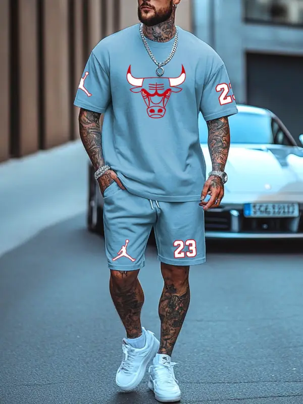 Unisex Basketball Print Oversized Streetwear Sky Blue Short-Sleeved T-shirt And Shorts Set - Pragmaace.com 