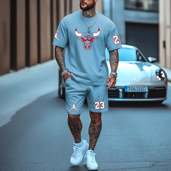 Unisex Basketball Print Oversized Streetwear Sky Blue Short-Sleeved T-shirt And Shorts Set - Ootdyouth.com 