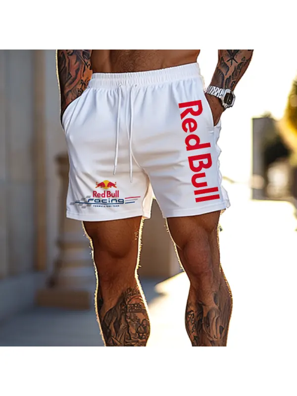 Men's Race Car White Sports Drawstring Shorts - Aptkoi.com 