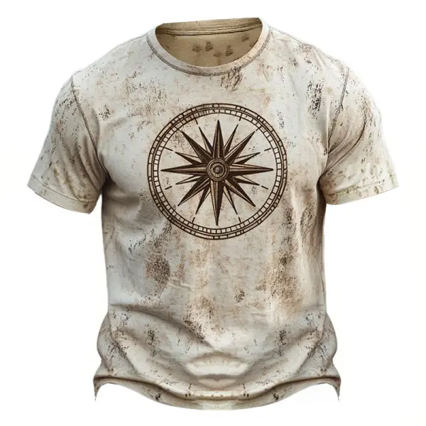 Men's Vintage Compass Print Round Neck Short Sleeve T-Shirt - Cotosen.com 