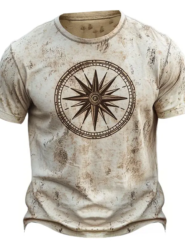 Men's Vintage Compass Print Round Neck Short Sleeve T-Shirt - Pragmaace.com 
