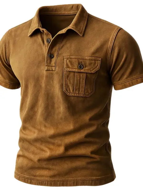 Men's Vintage Outdoor Pocket Polo Collar Short Sleeve T-shirt - Pragmaace.com 