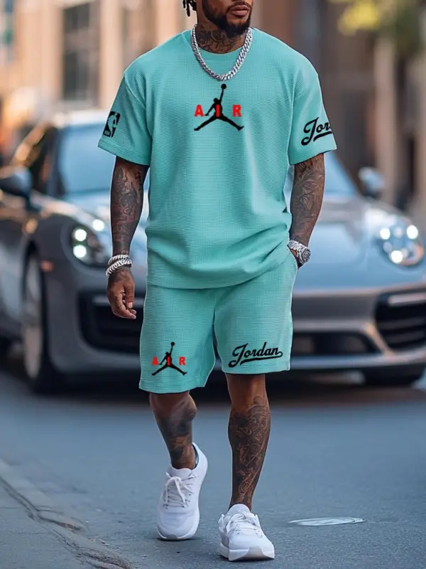 Unisex Waffle Knit Basketball Print Teal Oversized Streetwear Short-Sleeved T-shirt And Shorts Set - Pragmaace.com 
