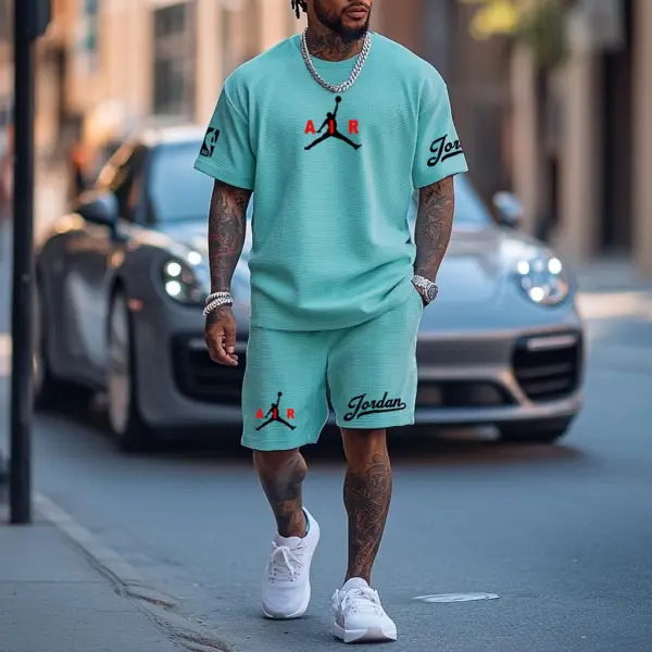 Unisex Waffle Knit Basketball Print Teal Oversized Streetwear Short-Sleeved T-shirt And Shorts Set - Spiretime.com 