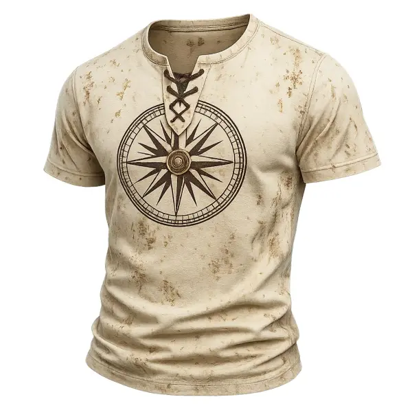 Men's Vintage Compass Distressed Lace-up Short Sleeve T-shirt - Rabclub.com 