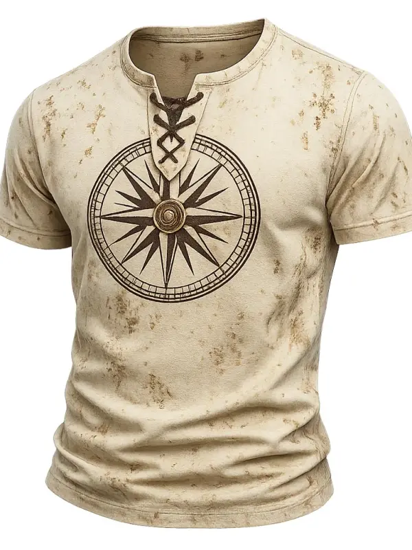 Men's Vintage Compass Distressed Lace-up Short Sleeve T-shirt - Menbarn.com 