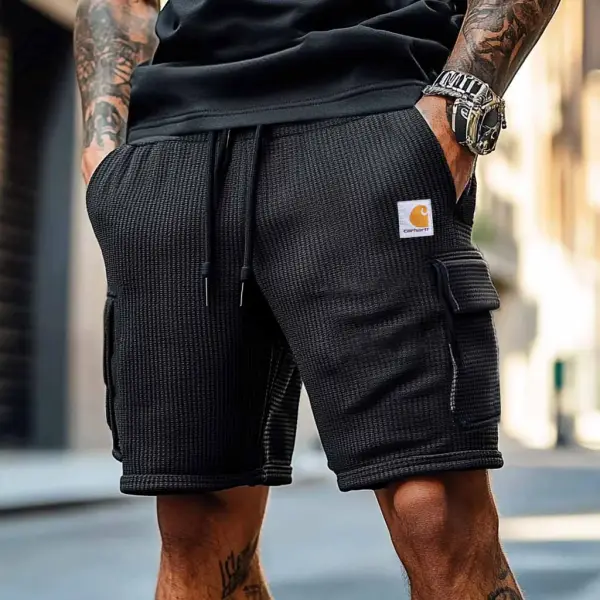 Men's Vintage Waffle Knit Multi-Pocket Casual Walkshort Workwear Elastic Cargo Shorts - Spiretime.com 