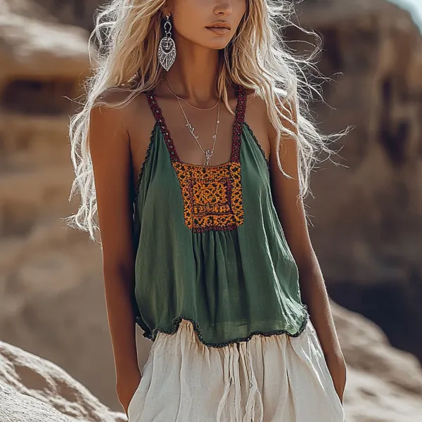 Girls' Bohemian Vintage Summer Linen Print Patchwork Comfortable Camisole - Cotosen.com 