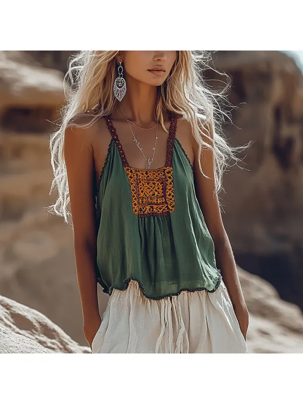 Girls' Bohemian Vintage Summer Linen Print Patchwork Comfortable Camisole - Cominbuy.com 