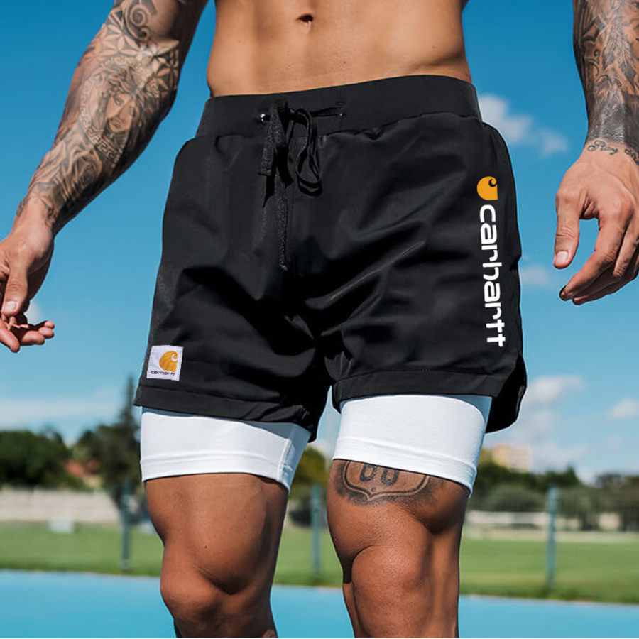 

Men's Double Layer Black White Drawstring Sports Athletic Shorts