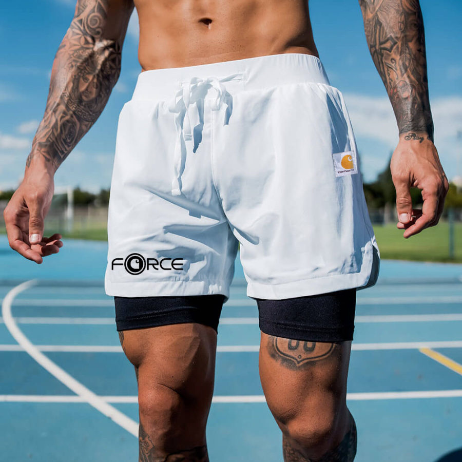 

Men's Double Layer White Black Drawstring Sports Athletic Shorts