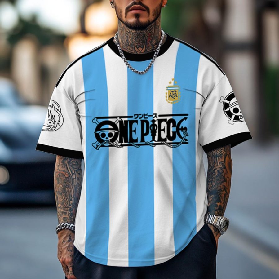

Unisex Argentina Football Jersey And Anime Print Round Neck Short Sleeve Oversized T-Shirt