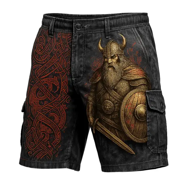 Men's Vintage Viking Warrior Distressed Multi-Pocket Workwear Cargo Shorts - Elementnice.com 