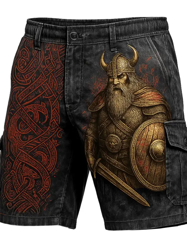 Men's Vintage Viking Warrior Distressed Multi-Pocket Workwear Cargo Shorts - Simplyion.com 