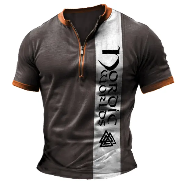 Men's Vintage Nordic Worlds Ragnarok Color Block Zipper Henley Collar Short Sleeve T-Shirt - Cotosen.com 