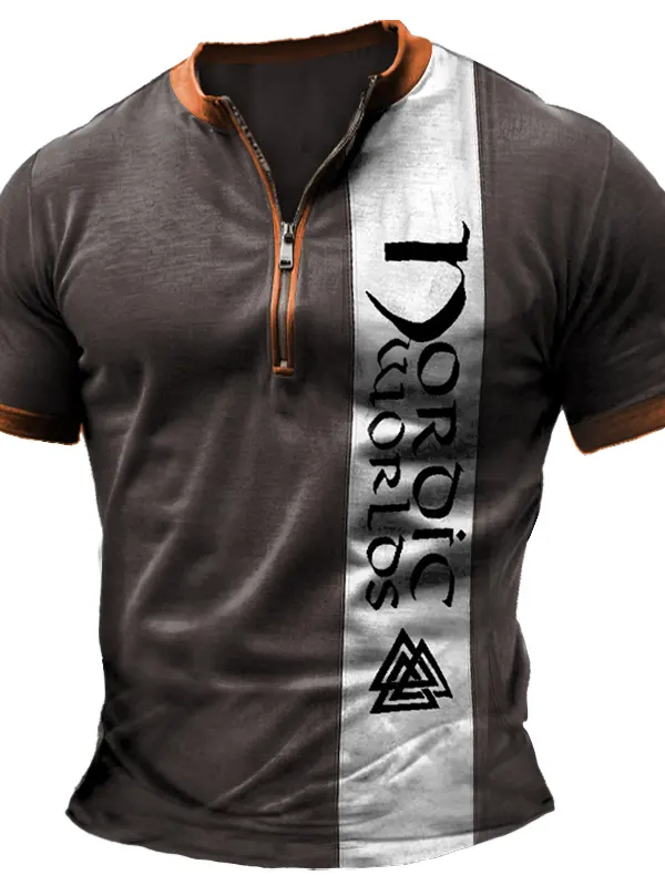 Men's Vintage Nordic Worlds Ragnarok Color Block Zipper Henley Collar Short Sleeve T-Shirt - Menbarn.com 