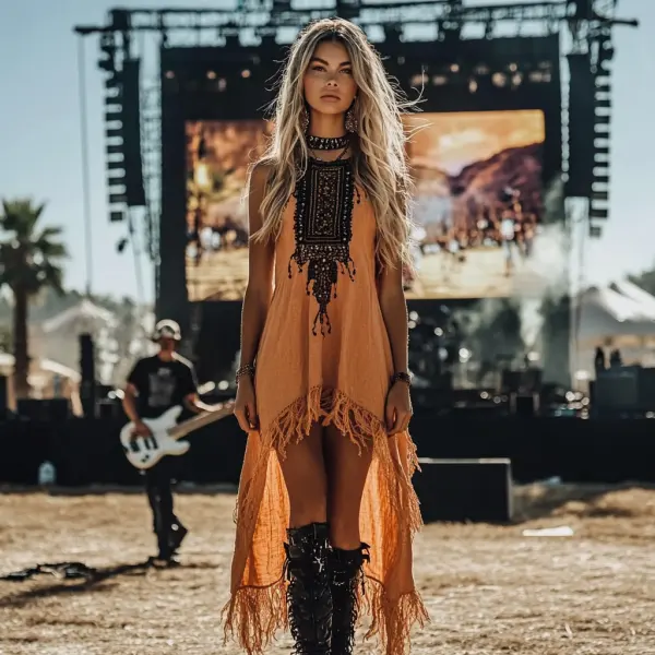 Music Festival Rock Party Heat Wave Carnival Vintage Wilderness Ethnic Style Linen Tassel Lace Suspender Dress - Cotosen.com 