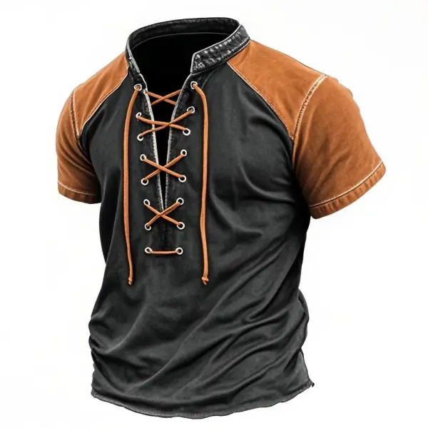 Men's Vintage Distressed Color Block Short Sleeve Lace-up Stand Collar T-Shirt - Cotosen.com 