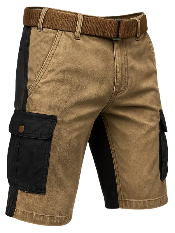 Men's Vintage Distressed Colorblock Multi-Pocket Tactical Shorts - Menbarn.com 