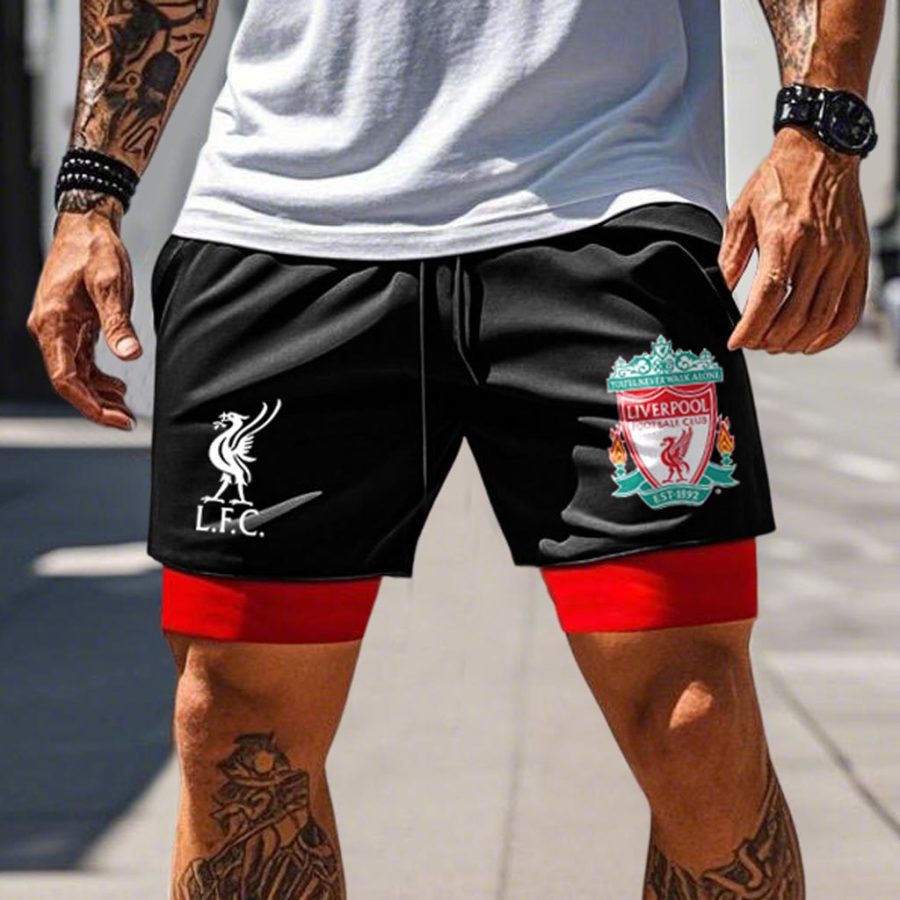 

Men's Double Layer 2 In 1 Football Club Black And Red Drawstring Sports Athletic Shorts