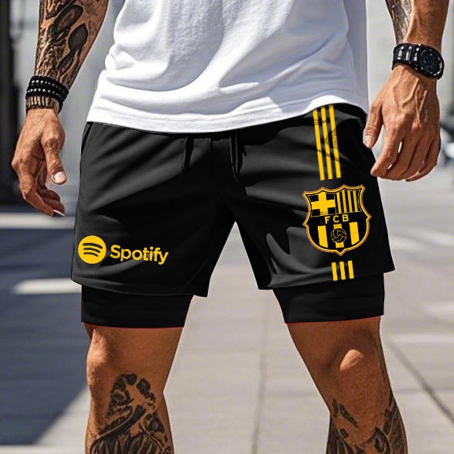 

Men's Double Layer 2 In 1 Football Club Black Drawstring Sports Athletic Shorts