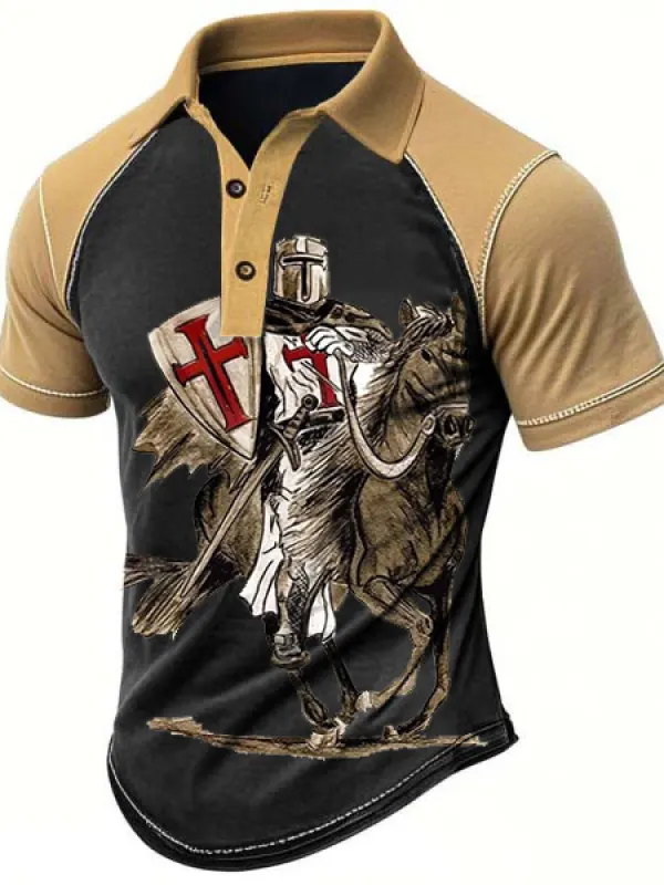 Men's Vintage Knights Templar Color Block Polo Collar Short Sleeve T-Shirt - Menbarn.com 