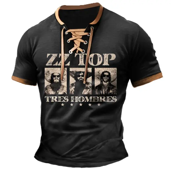 Men's Vintage Rock Band Print Lace-up Short Sleeve Color Block T-Shirt - Elementnice.com 
