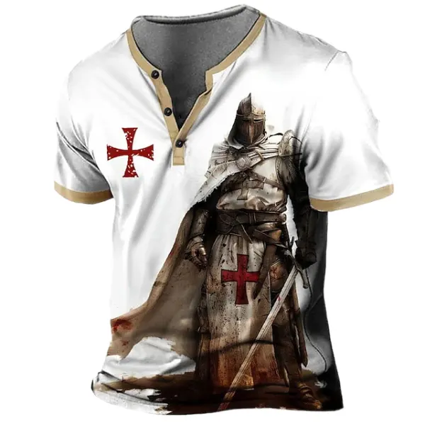 Men's Vintage Knights Templar Cross Print Color Block Henley Collar Short Sleeve T-Shirt - Rabclub.com 