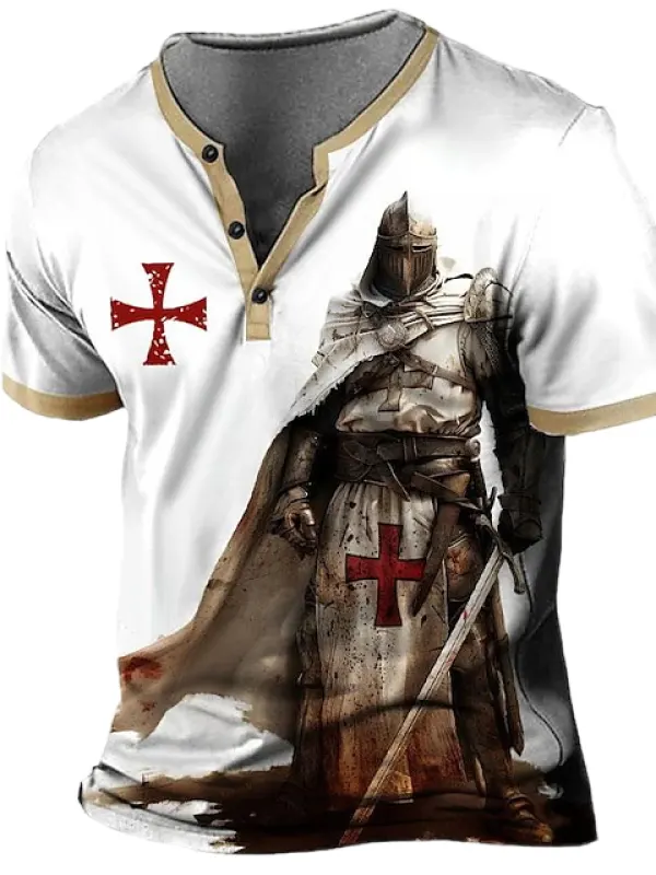 Men's Vintage Knights Templar Cross Print Color Block Henley Collar Short Sleeve T-Shirt - Menwyx.com 