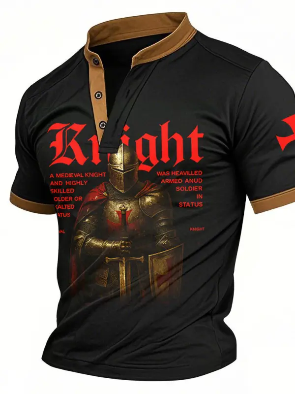 Men's Vintage Knights Templar Cross Print Color Block Henley Short Sleeve T-shirt - Menbarn.com 