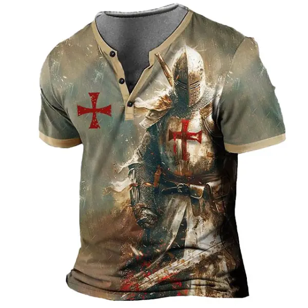 Men's Vintage Knights Templar Cross Print Henley Collar Short Sleeve T-Shirt - Rabclub.com 