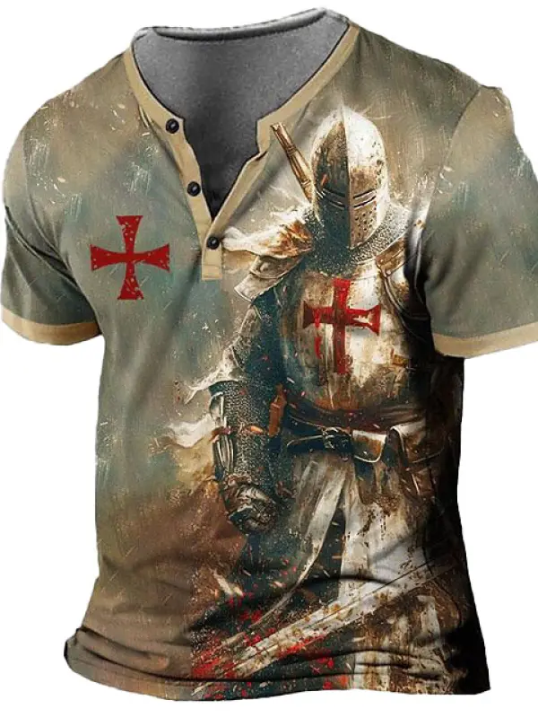 Men's Vintage Knights Templar Cross Print Henley Collar Short Sleeve T-Shirt - Menwyx.com 