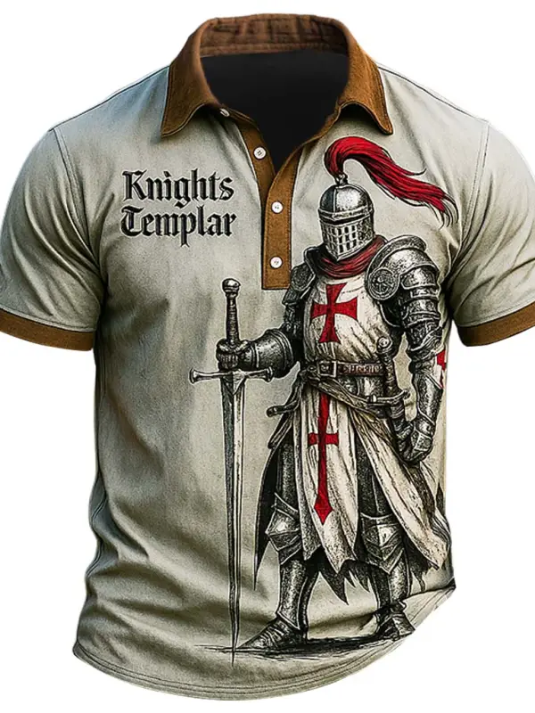 Men's Vintage Knights Templar Polo Collar Color Block Short Sleeve T-shirt - Menbarn.com 