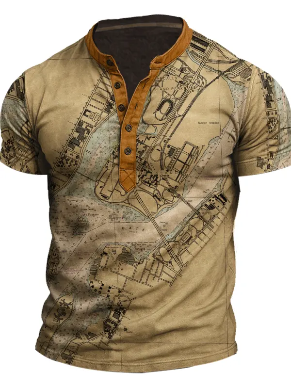 The Hell Gate NYC Vintage Map Print Henley T-Shirt - Menbarn.com 
