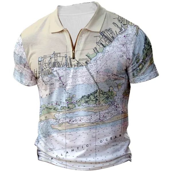 The Fire Island Inlet Coconut Button Camp 3/1 Zipper Short Sleeve Tee - Elementnice.com 