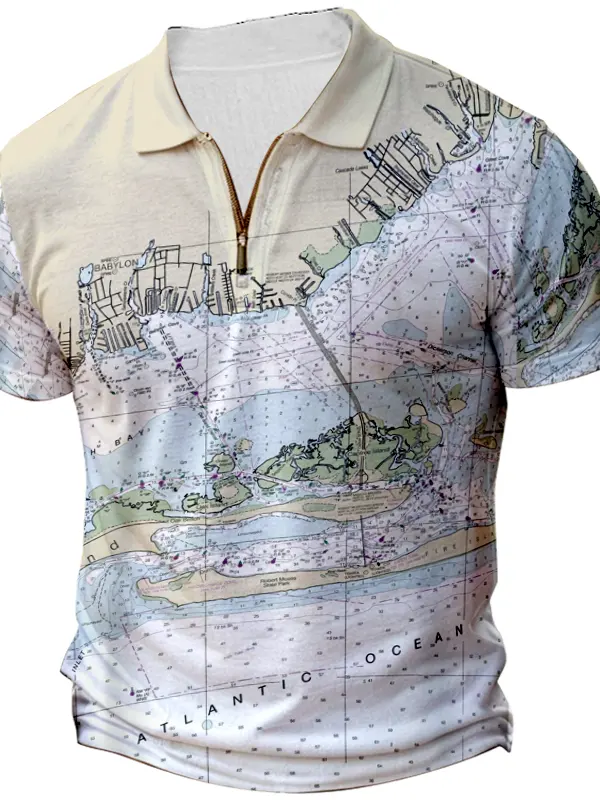The Fire Island Inlet Coconut Button Camp 3/1 Zipper Short Sleeve Tee - Simplyion.com 