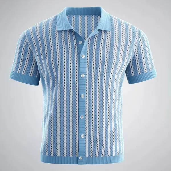Men's Crochet Knitted Color Block Striped Hollow Out Button Short Sleeve Shirt - Rabclub.com 