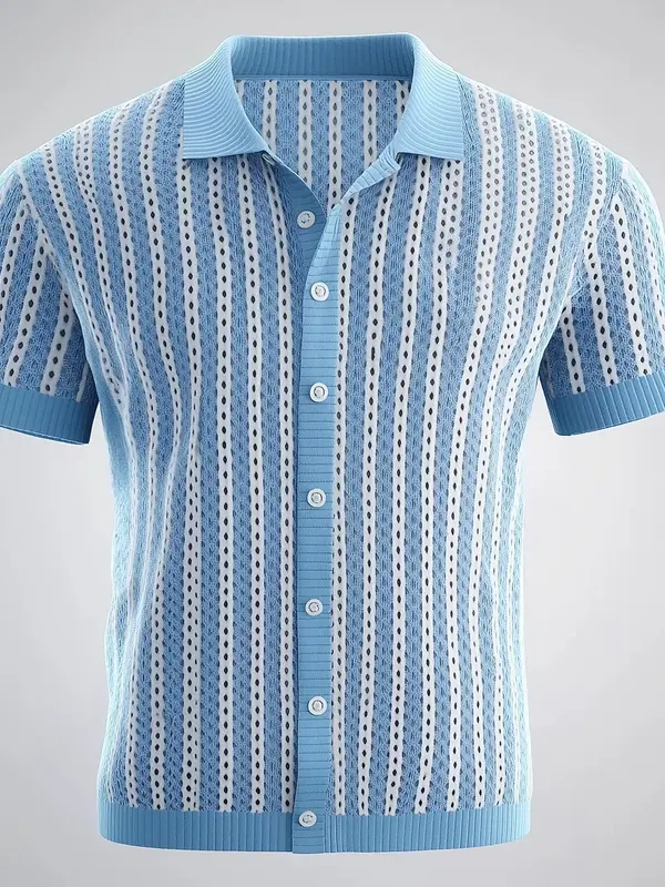 Men's Crochet Knitted Color Block Striped Hollow Out Button Short Sleeve Shirt - Simplyion.com 