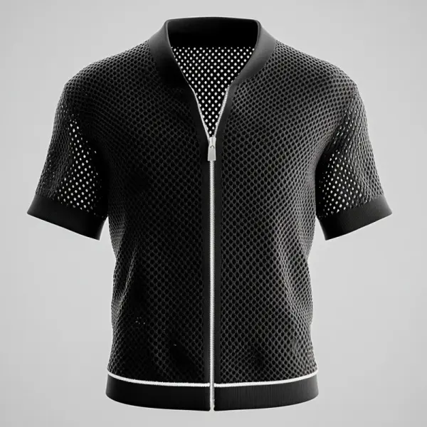 Men's Crochet Knitted Crochet Knit Hollow Out Zip Up Short Sleeve Cardigan Shirt - Rabclub.com 