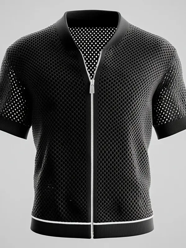 Men's Crochet Knitted Crochet Knit Hollow Out Zip Up Short Sleeve Cardigan Shirt - Menbarn.com 