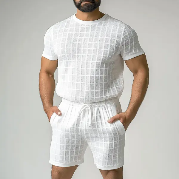 Men's Grid Textured Short Sleeve T-Shirt & Drawstring Shorts 2Pcs Set - Cotosen.chimpone.com 