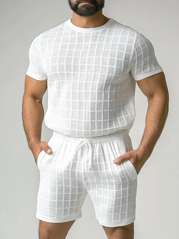 Men's Grid Textured Short Sleeve T-Shirt & Drawstring Shorts 2Pcs Set - Pragmaace.com 