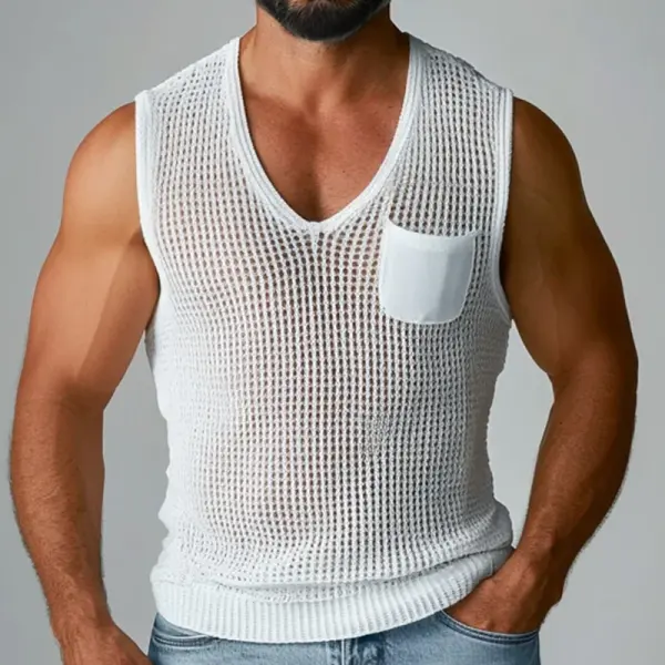 Men's V-Neck Chest Pocket Sleeveless Hollow Out Knit Strickweste Tank Top - Bustalent.com 