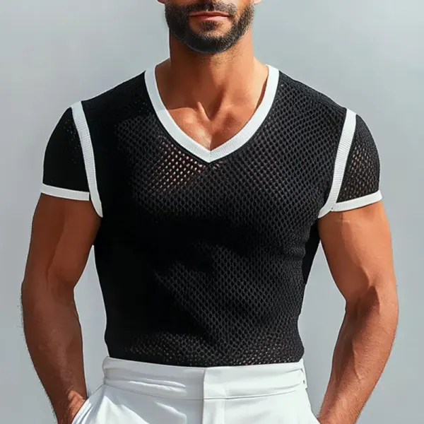 Men's Crochet Knitted Hollow Out Contrast Binding V-Neck Short Sleeve T-Shirt - Fineyoyo.com 
