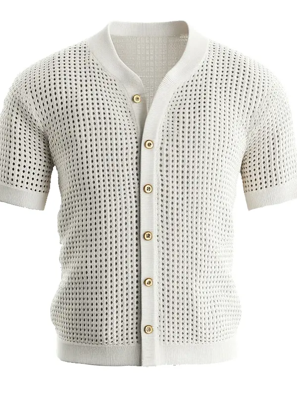 Men's Strickweste Knit Hollow Out Single Breasted Short Sleeve Shirt - Simplyion.com 