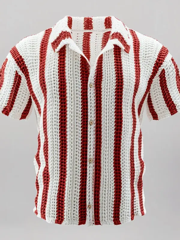 Men's Crochet Knitted Hollow Out Contrast Stripes Single Breasted Short Sleeve Shirt - Wantbright.com 