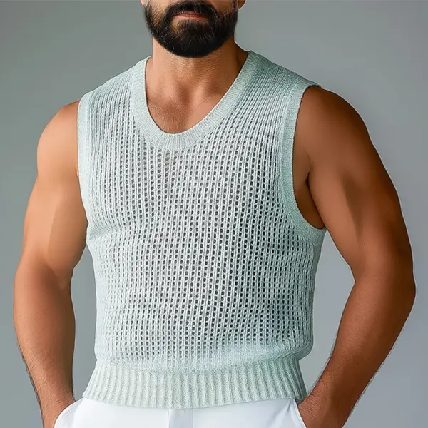 Men's Crochet Knitted Hollow Out U-Neck Sleeveless Tank Top - Bustalent.com 