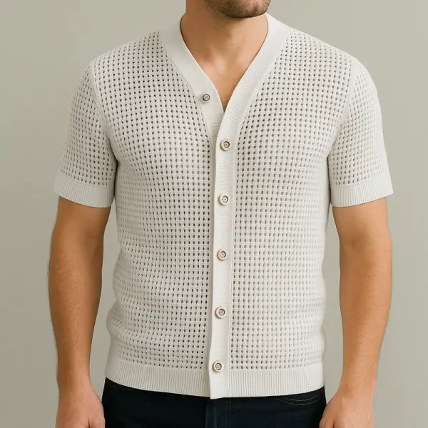 Men's Strickweste Knit Hollow Out Single Breasted Short Sleeve Shirt - Fineyoyo.com 