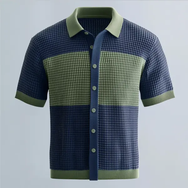 Men's Crochet Knitted Knitted Color Block Button Short Sleeve Shirt - Rabclub.com 